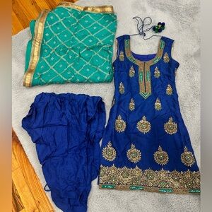 Royal blue suit with teal dupatta and blue patiala pants
